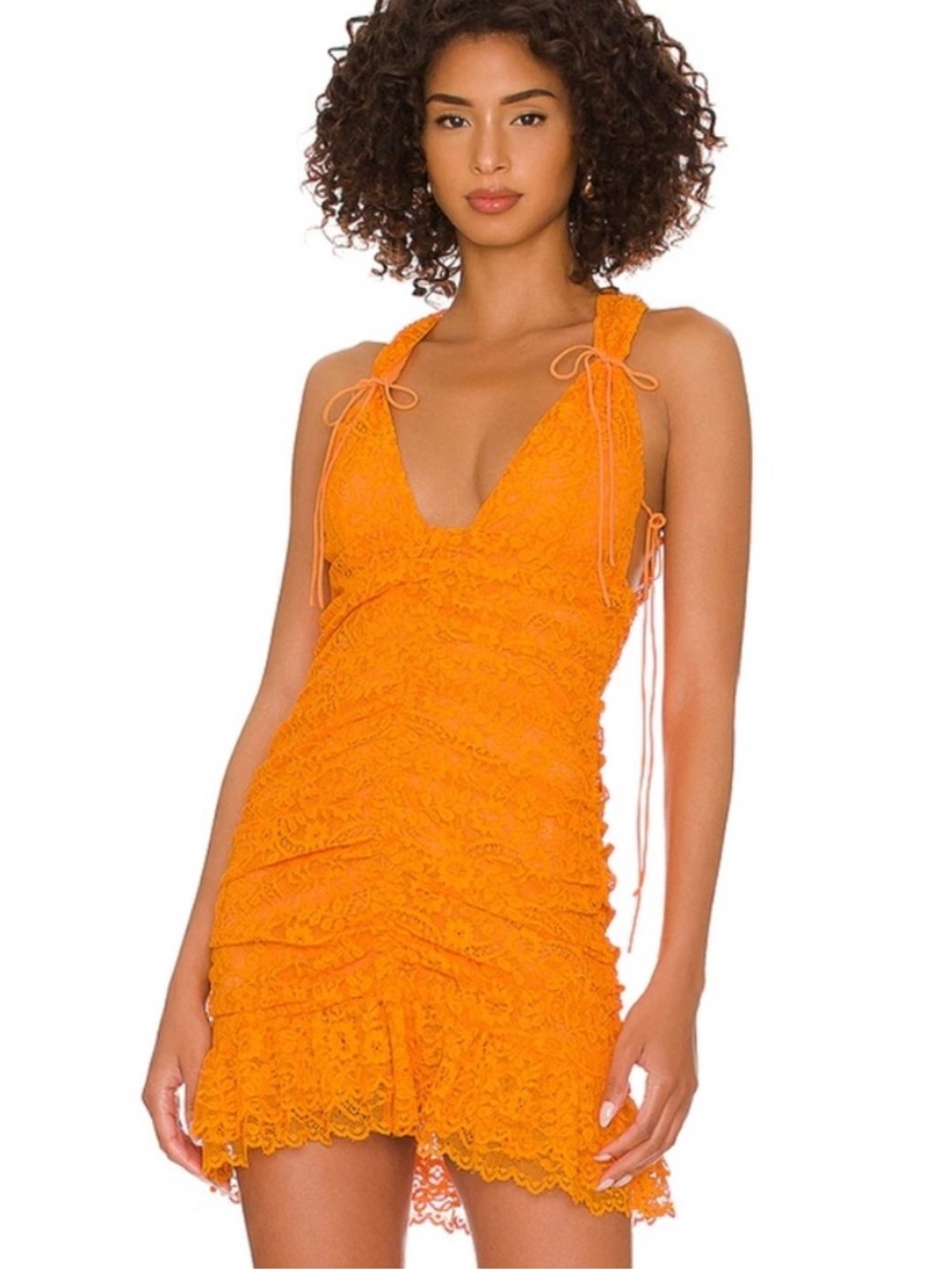 For Love and Lemons Jamie Bright Orange Lace Tie-Shoulder Mini Dress NWT